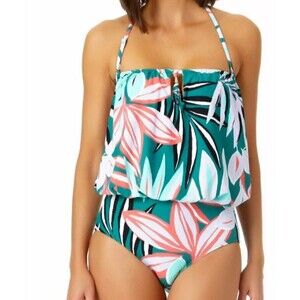 Anne Cole Tropical Hawaiian Blouson Halter Strap One Piece Swimsuit Size 10